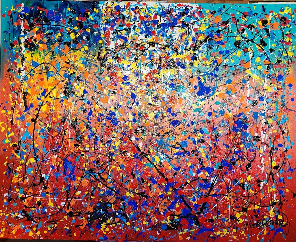 The artist, Gerome Meminger, displays an abstract painting called “Pollock Art”.